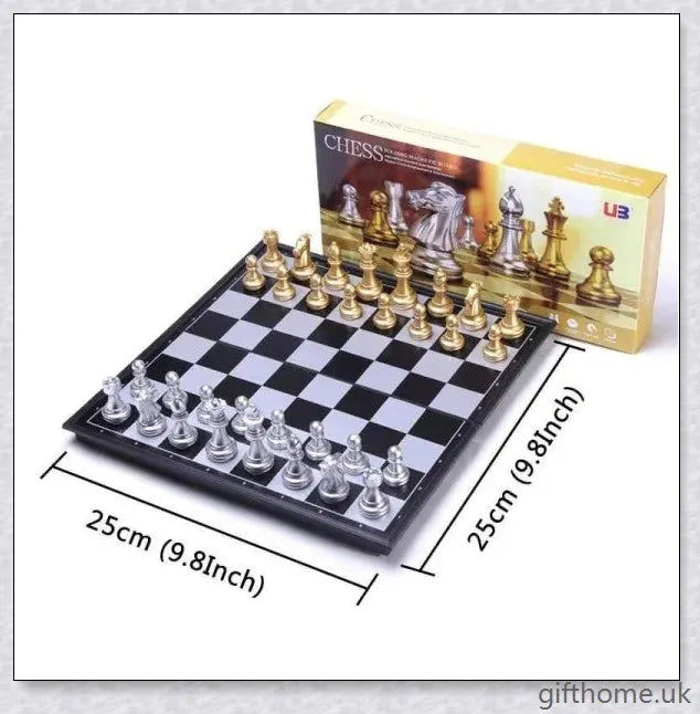 Classic chess set with premium gold and silver chessboard, featuring durable HIPS plastic pieces and convenient storage compartments
