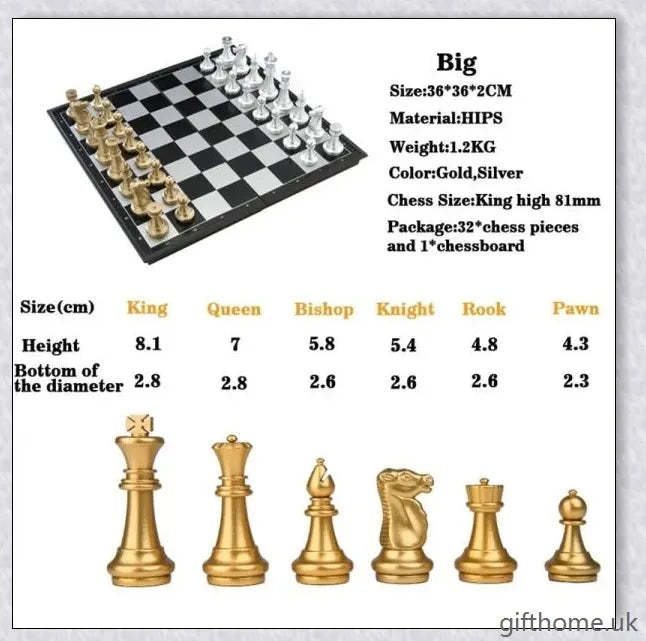 Classic chess set with premium gold and silver chessboard, featuring durable HIPS plastic pieces and convenient storage compartments
