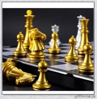 Classic chess set with premium gold and silver chessboard, featuring durable HIPS plastic pieces and convenient storage compartments