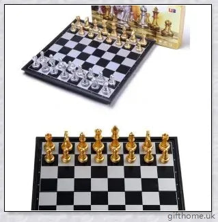 Classic chess set with premium gold and silver chessboard, featuring durable HIPS plastic pieces and convenient storage compartments