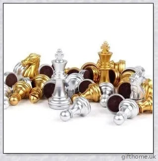 Classic chess set with premium gold and silver chessboard, featuring durable HIPS plastic pieces and convenient storage compartments