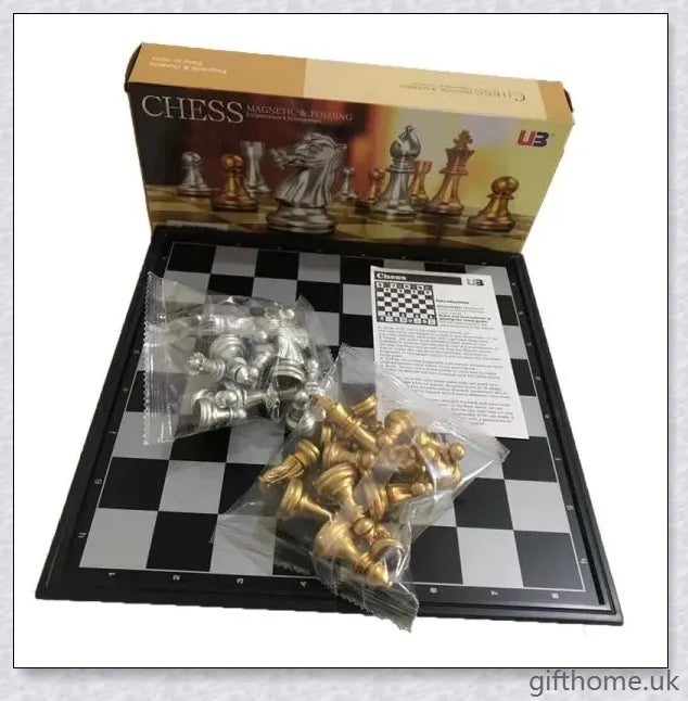 Classic chess set with premium gold and silver chessboard, featuring durable HIPS plastic pieces and convenient storage compartments