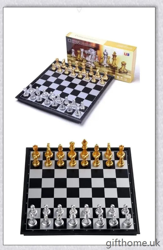Classic chess set with premium gold and silver chessboard, featuring durable HIPS plastic pieces and convenient storage compartments