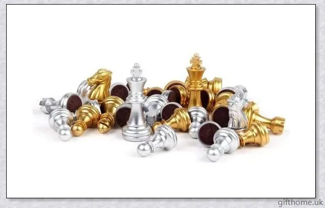 Classic chess set with premium gold and silver chessboard, featuring durable HIPS plastic pieces and convenient storage compartments