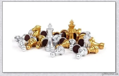 Classic chess set with premium gold and silver chessboard, featuring durable HIPS plastic pieces and convenient storage compartments