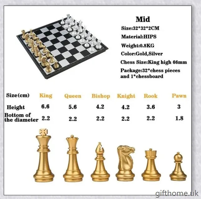 Classic chess set with premium gold and silver chessboard, featuring durable HIPS plastic pieces and convenient storage compartments