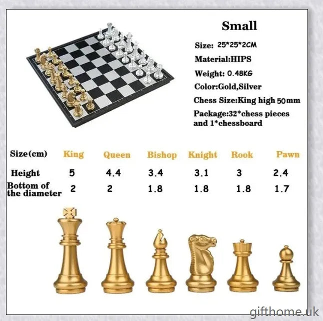 Classic chess set with premium gold and silver chessboard, featuring durable HIPS plastic pieces and convenient storage compartments
