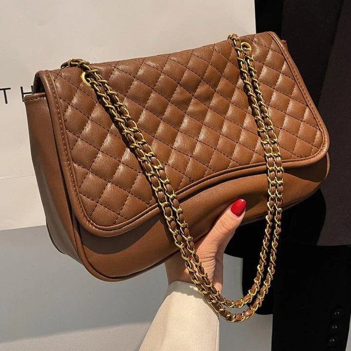 Fashion Simple Solid Colour Diamond Chain Bag in black and brown colours, featuring a sleek, minimalist design and a chic diamond-shaped chain detail.