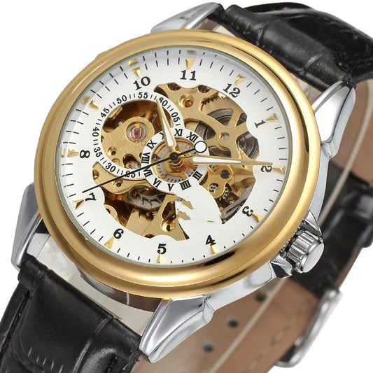 Hollow Automatic Mechanical Watch with stainless steel case, transparent case back, and elegant design