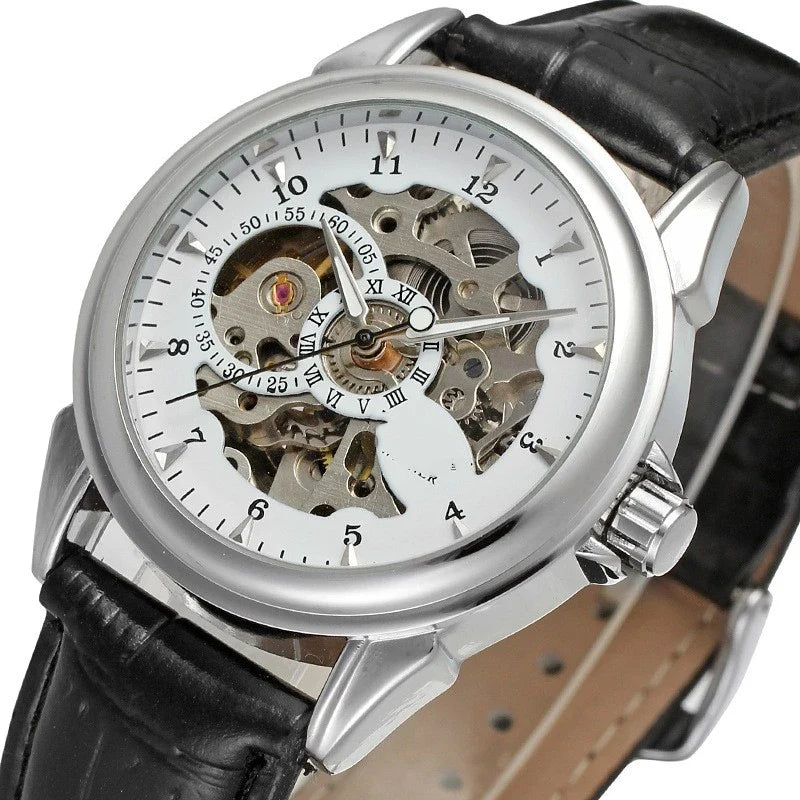Hollow Automatic Mechanical Watch with stainless steel case, transparent case back, and elegant design