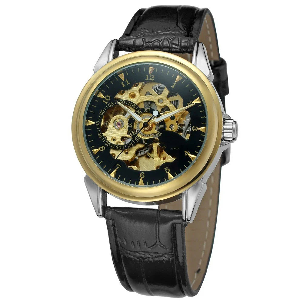 Hollow Automatic Mechanical Watch with stainless steel case, transparent case back, and elegant design