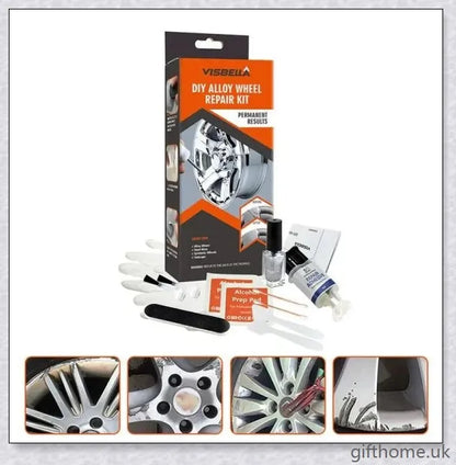 A car wheel repair kit containing adhesive, paint, sandpaper, and other tools to fix damage on alloy or steel rims.