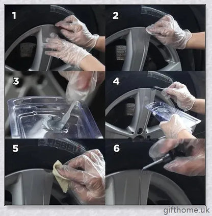 A car wheel repair kit containing adhesive, paint, sandpaper, and other tools to fix damage on alloy or steel rims.