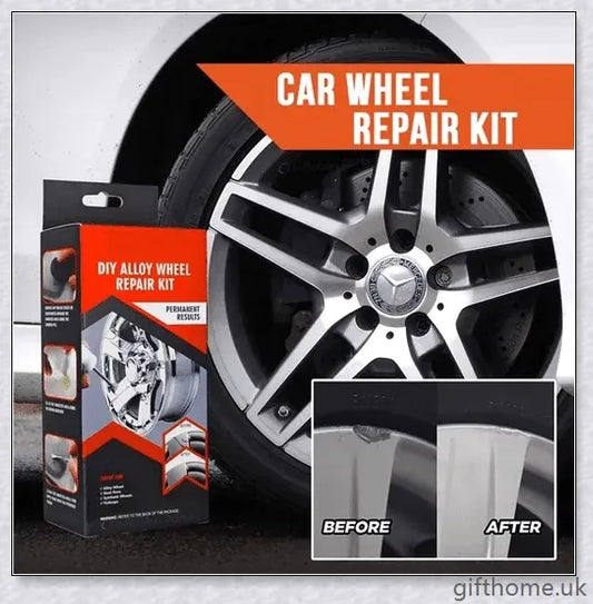 A car wheel repair kit containing adhesive, paint, sandpaper, and other tools to fix damage on alloy or steel rims.