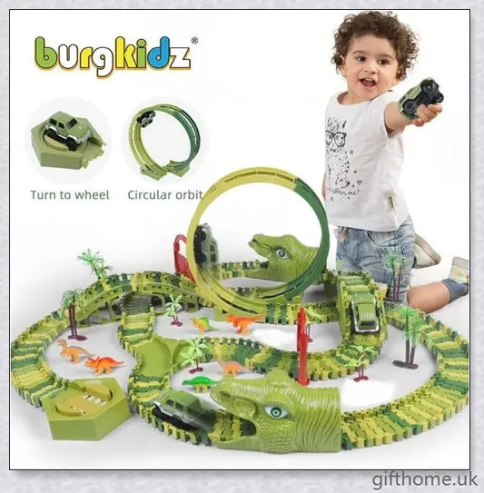 Dinosaur Railway Track with electric toy cars, flexible and customisable for endless prehistoric-themed play