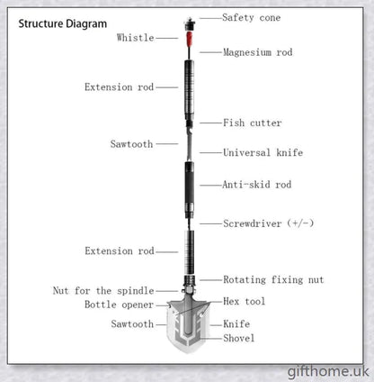Portable tactical military folding shovel with 23-in-1 multi-tool functionality, for outdoor survival and emergency preparedness
