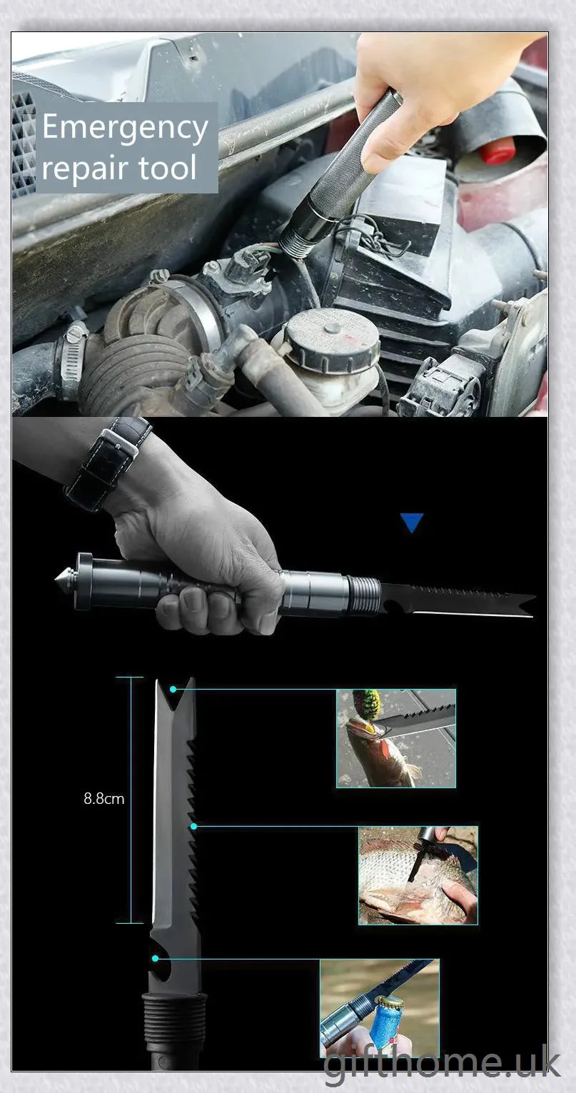Portable tactical military folding shovel with 23-in-1 multi-tool functionality, for outdoor survival and emergency preparedness