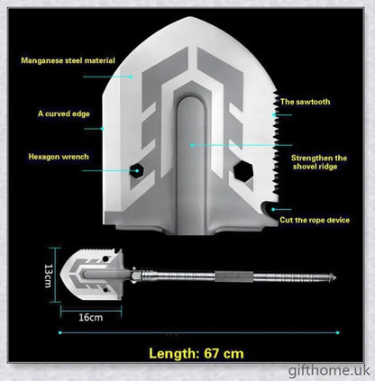 Portable tactical military folding shovel with 23-in-1 multi-tool functionality, for outdoor survival and emergency preparedness