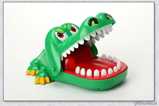 Vibrant green crocodile toy with big eyes and long teeth, designed for a fun and engaging dentist-themed game
