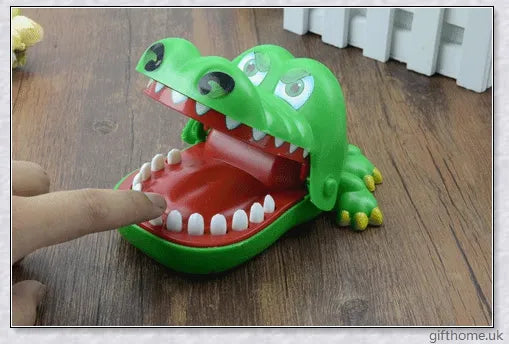 Vibrant green crocodile toy with big eyes and long teeth, designed for a fun and engaging dentist-themed game