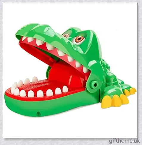 Vibrant green crocodile toy with big eyes and long teeth, designed for a fun and engaging dentist-themed game