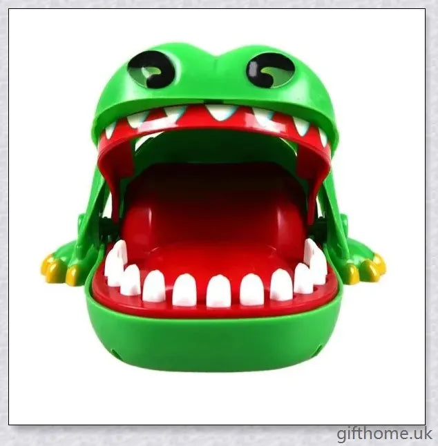Vibrant green crocodile toy with big eyes and long teeth, designed for a fun and engaging dentist-themed game