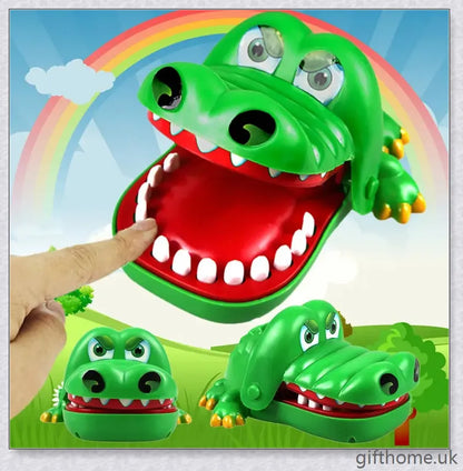 Vibrant green crocodile toy with big eyes and long teeth, designed for a fun and engaging dentist-themed game