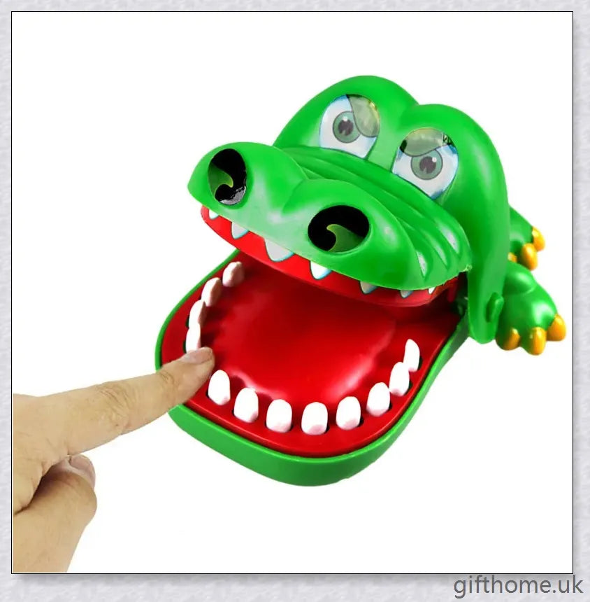 Vibrant green crocodile toy with big eyes and long teeth, designed for a fun and engaging dentist-themed game