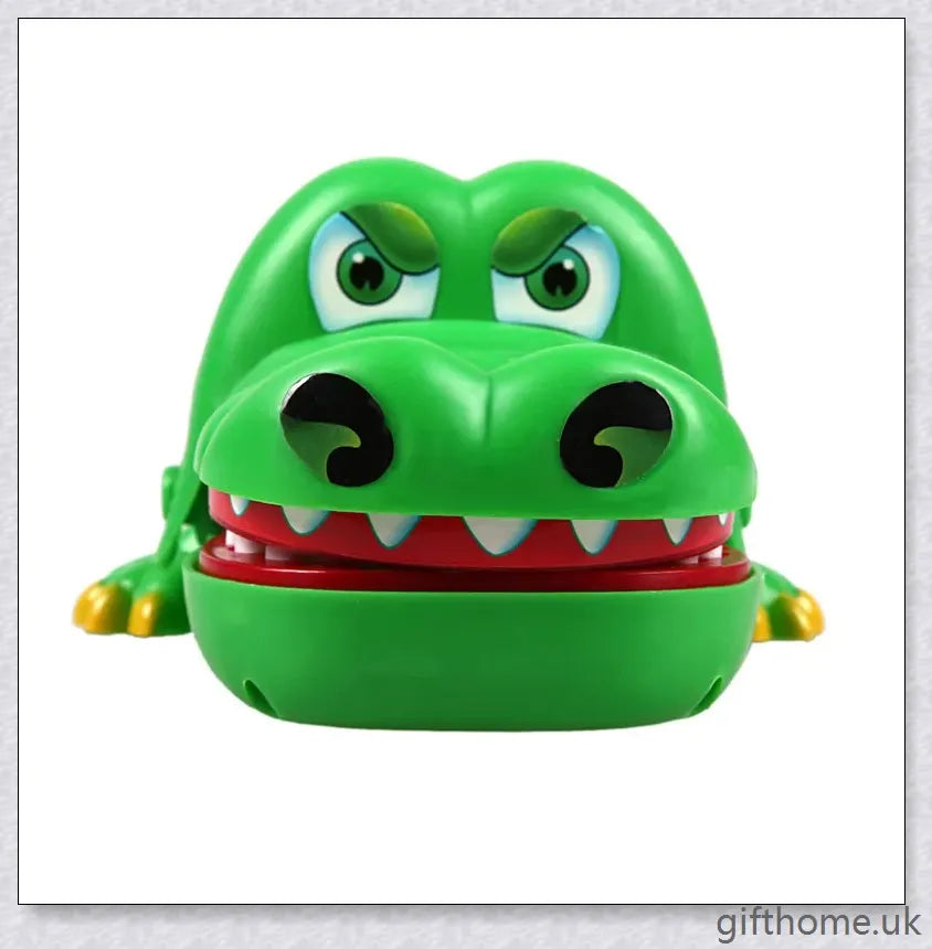 Vibrant green crocodile toy with big eyes and long teeth, designed for a fun and engaging dentist-themed game