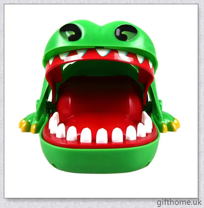 Vibrant green crocodile toy with big eyes and long teeth, designed for a fun and engaging dentist-themed game