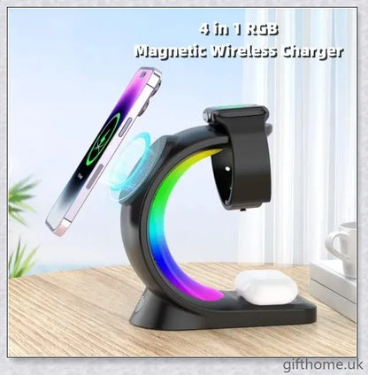 4-in-1 Magnetic Wireless Charger with fast charging, RGB lighting, and foreign object detection for smart devices
