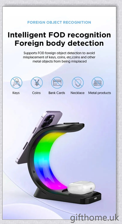 4-in-1 Magnetic Wireless Charger with fast charging, RGB lighting, and foreign object detection for smart devices