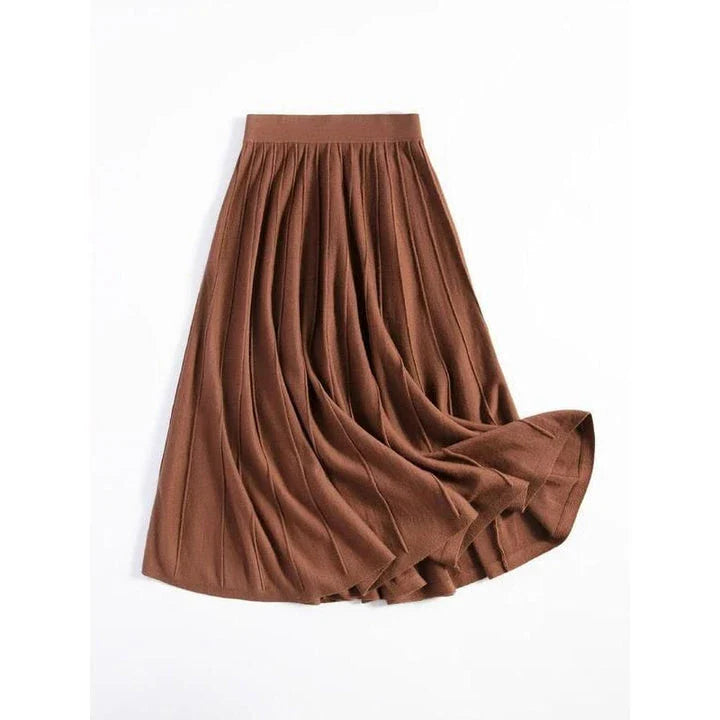 Elegant mid-calf pleated wool skirt in a rich chocolate colour, featuring a classic A-line silhouette and premium craftsmanship.
