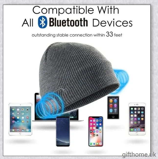 A stylish Bluetooth wireless music hat with premium knitted design, leather accent, and built-in audio controls