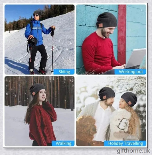 A stylish Bluetooth wireless music hat with premium knitted design, leather accent, and built-in audio controls