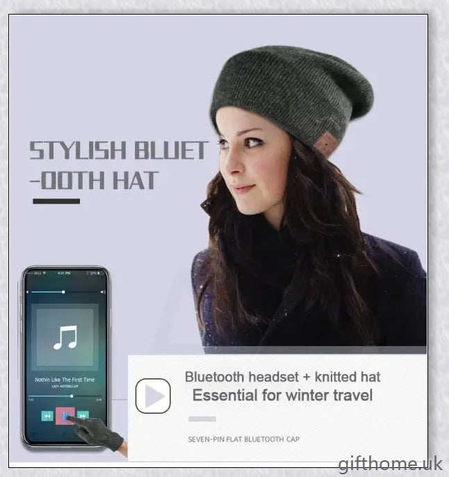 A stylish Bluetooth wireless music hat with premium knitted design, leather accent, and built-in audio controls