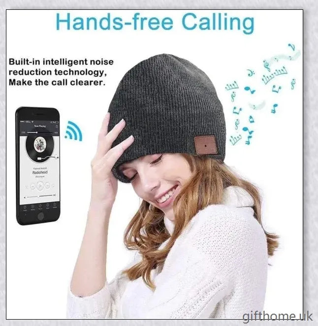 A stylish Bluetooth wireless music hat with premium knitted design, leather accent, and built-in audio controls