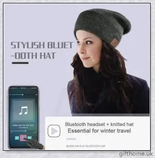 A stylish Bluetooth wireless music hat with premium knitted design, leather accent, and built-in audio controls