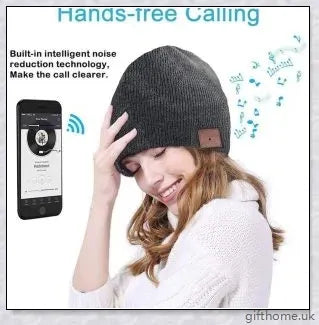 A stylish Bluetooth wireless music hat with premium knitted design, leather accent, and built-in audio controls