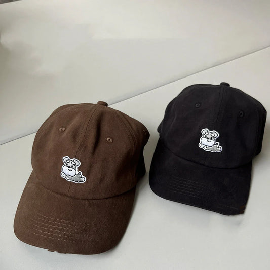 Brushed pure cotton baseball cap with embroidered schnauzer puppy design, available in black, beige, brown, and pink colours