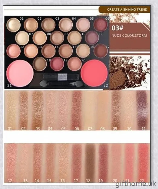 A premium 22-colour eyeshadow and glitter palette set with a wide range of shades for flawless, long-lasting makeup looks