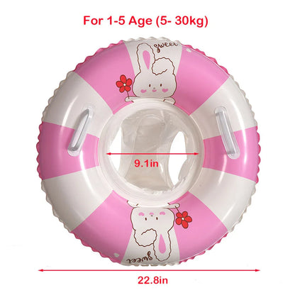 A green inflatable swim ring with a cotton pocket seat, designed for safe and enjoyable water play for children aged 1-5 years.