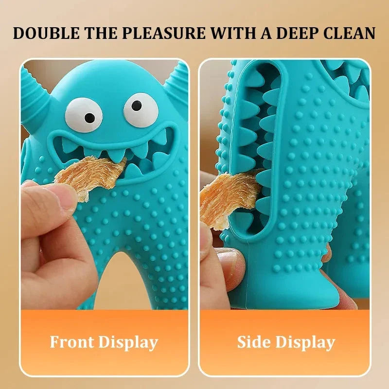 A cute interactive silicone dog toy shaped like a little monster, designed to clean teeth and promote dental health while providing entertainment.