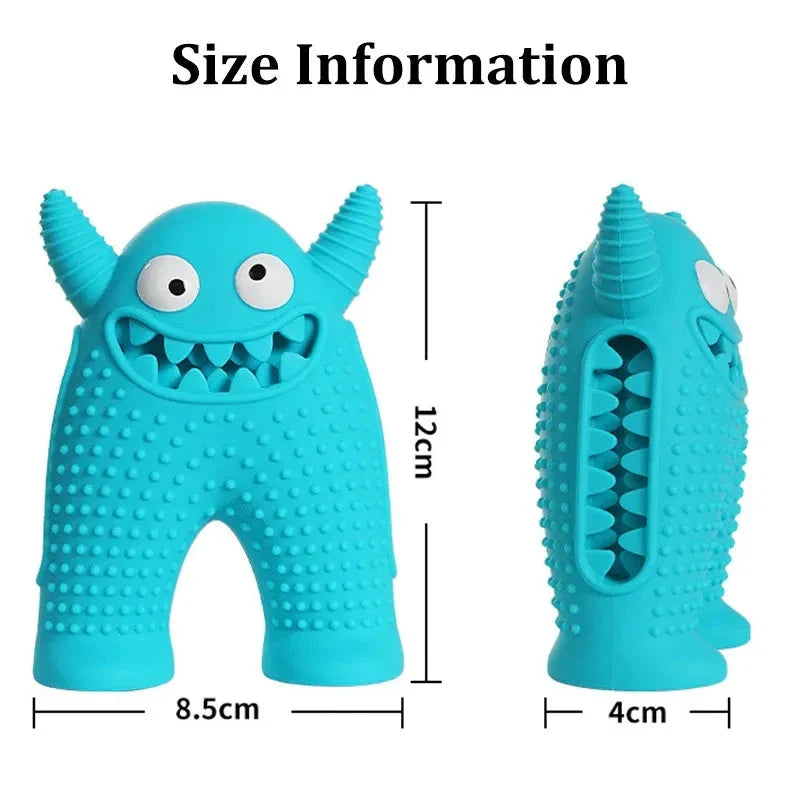 A cute interactive silicone dog toy shaped like a little monster, designed to clean teeth and promote dental health while providing entertainment.