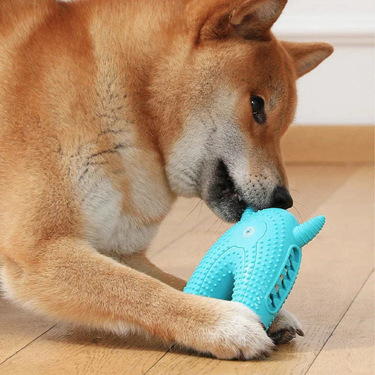 A cute interactive silicone dog toy shaped like a little monster, designed to clean teeth and promote dental health while providing entertainment.