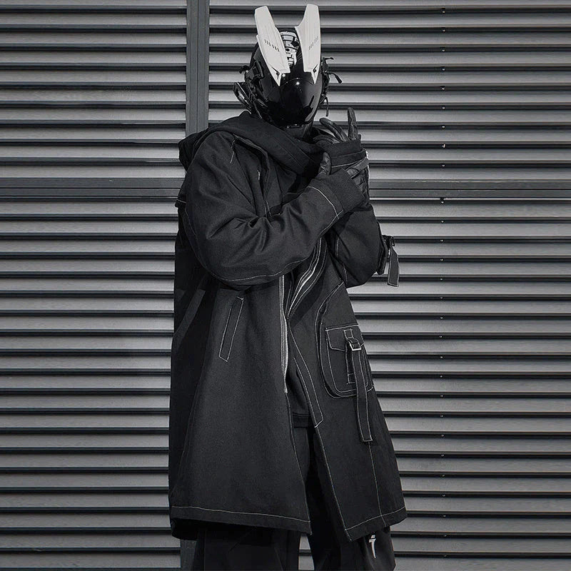 Irregular Trench Coat in black, featuring a mid-length silhouette, zip-up closure, and hooded design for modern British style.