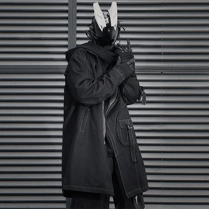 Irregular Trench Coat in black, featuring a mid-length silhouette, zip-up closure, and hooded design for modern British style.
