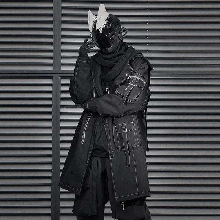 Irregular Trench Coat in black, featuring a mid-length silhouette, zip-up closure, and hooded design for modern British style.