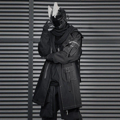 Irregular Trench Coat in black, featuring a mid-length silhouette, zip-up closure, and hooded design for modern British style.
