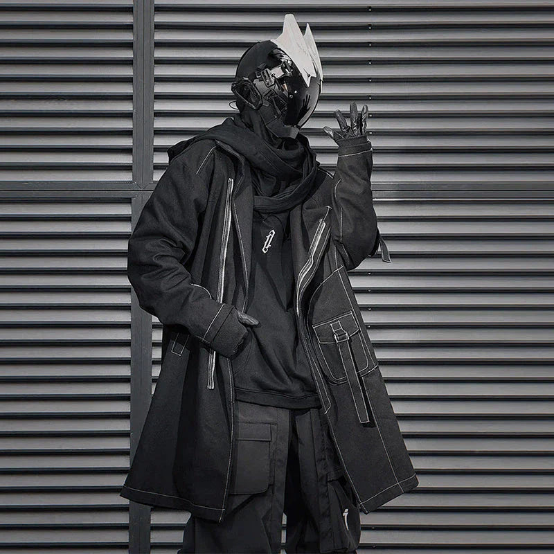 Irregular Trench Coat in black, featuring a mid-length silhouette, zip-up closure, and hooded design for modern British style.